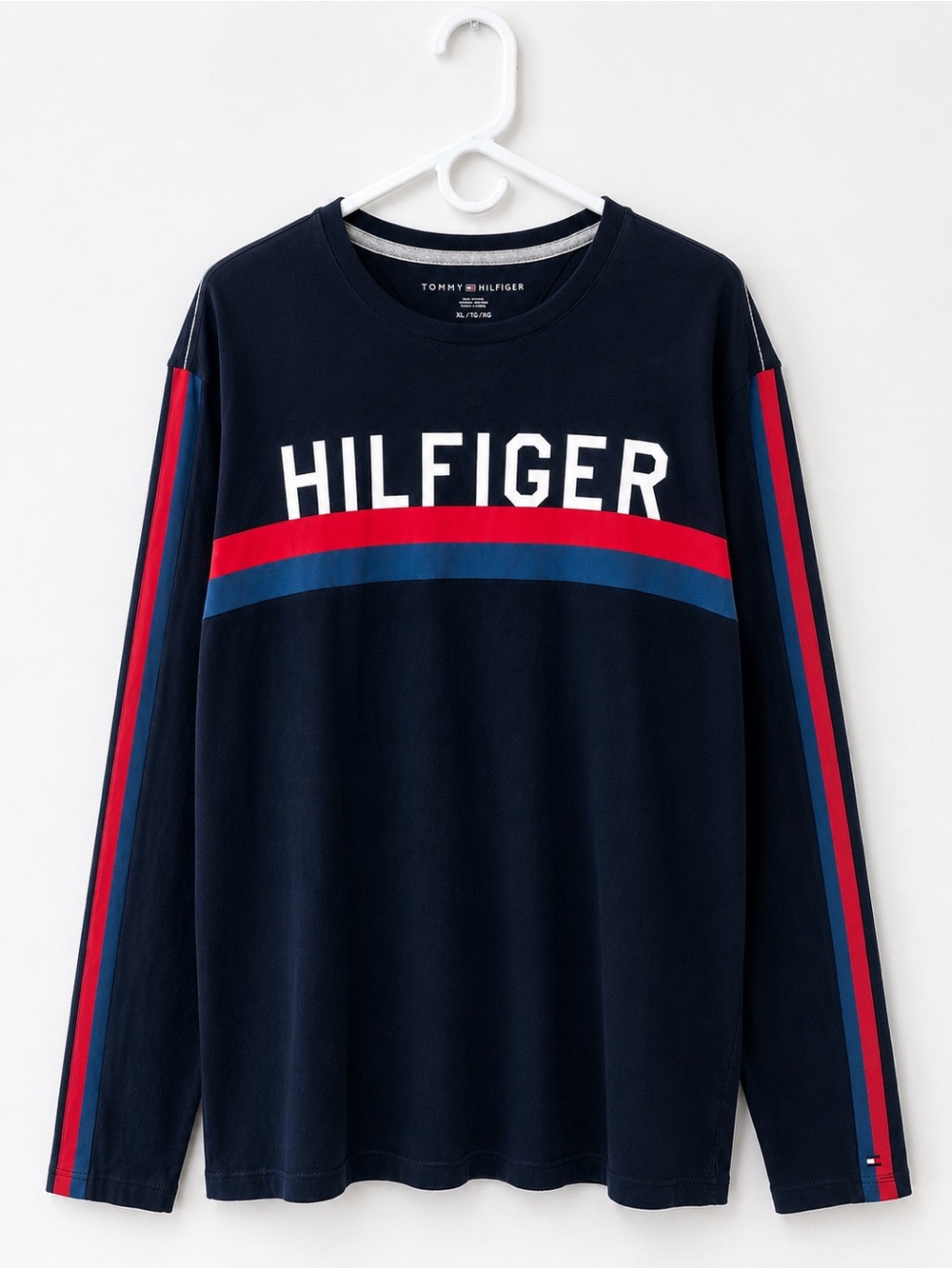 Tommy Hilfiger XL Navy Long Sleeve Logo Graphic Shirt Red Blue Stripes